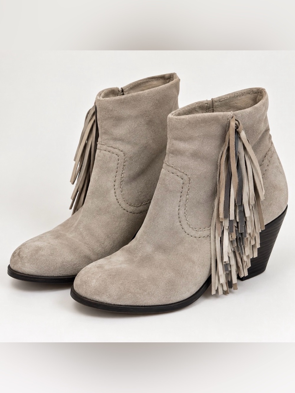 Sam Edelman Louie Light Grey Suede Fringe Western Ankle Boots Size7